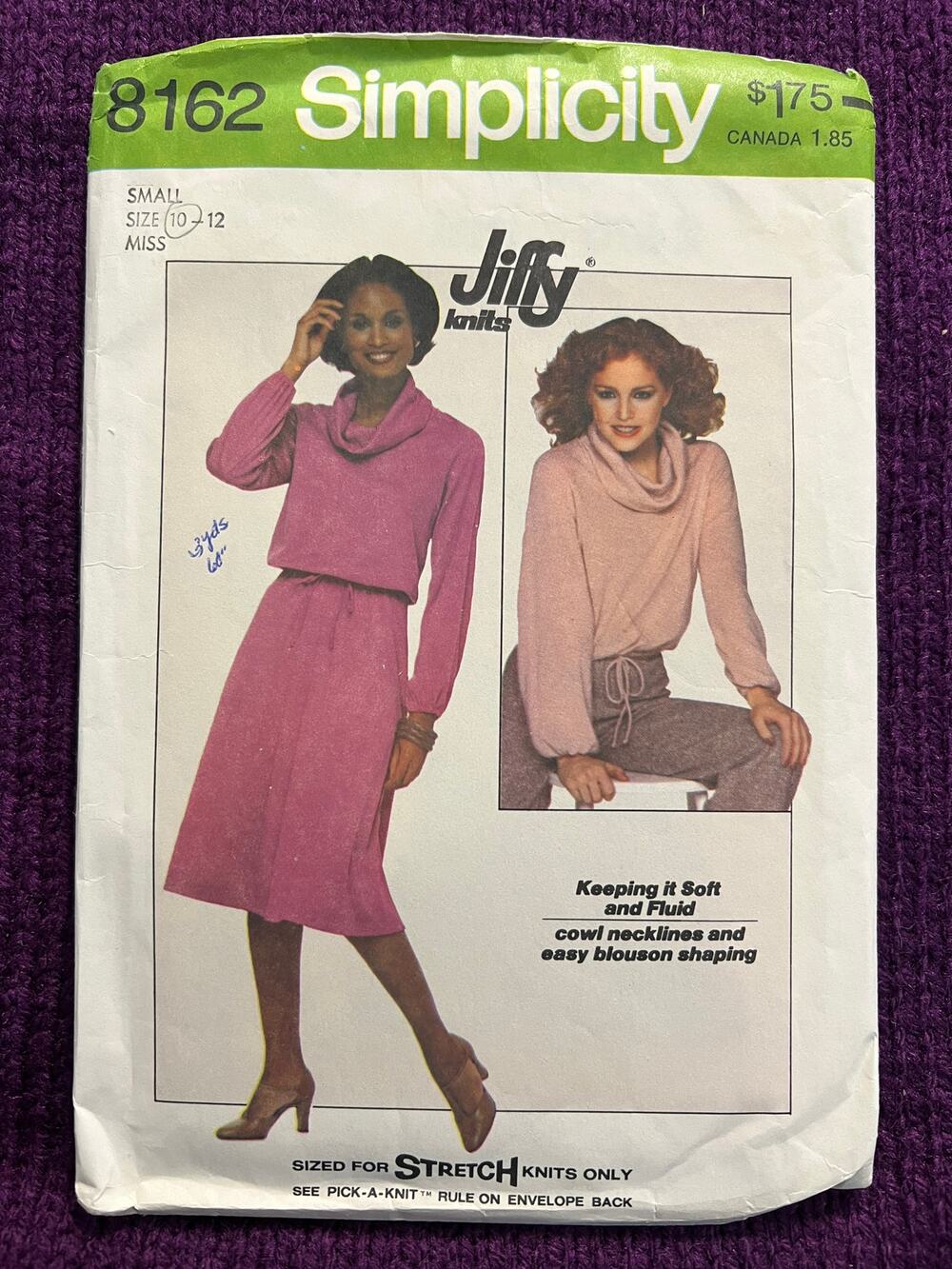 simplicity 8162 Sewing pattern pullover dress midi cowl neck size 10